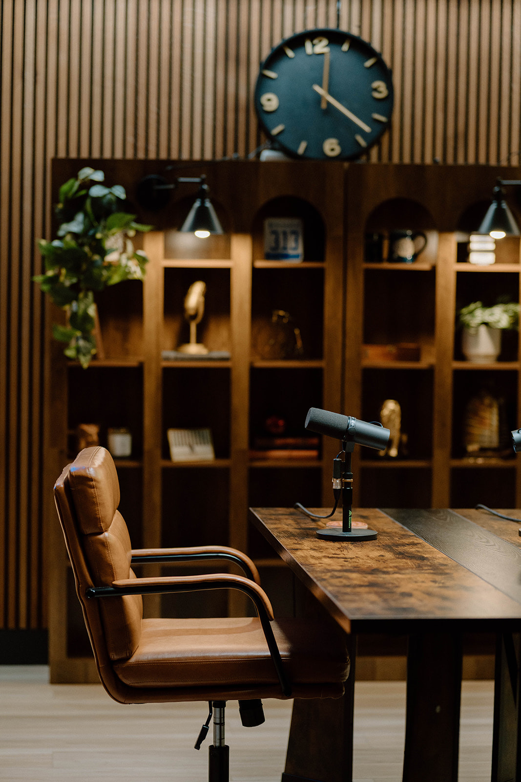Host chair and microphone at 313 Studios